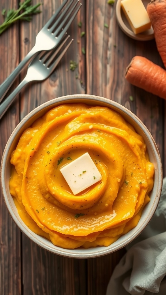 A bowl of creamy mashed turnips and carrots with butter and herbs on a rustic table.